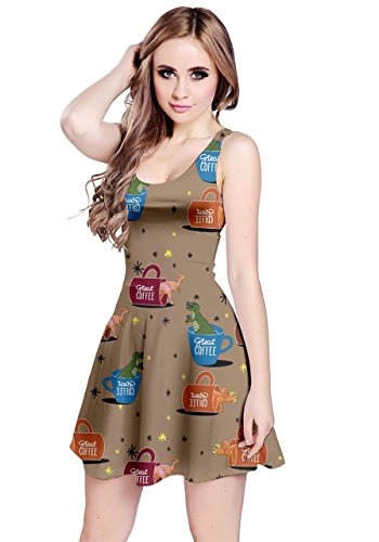 CowCow Womens Mocha Dino in Mug Sleeveless Dress, Mocha Dino - L