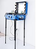 Kemier Makeup Case,Professional Artist Studio Cosmetic Train Table w/4 Rolling Wheels & Lights & Mirror,Pro Makeup Station,Cover Board and Easy Clean Extendable Trays,Adjustable Legs,Sturdy (Blue)