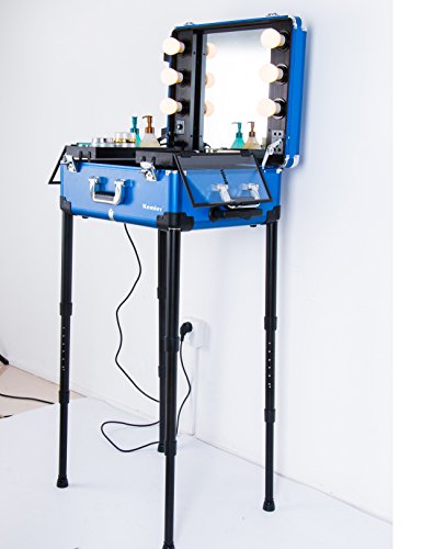 Kemier Makeup Case,Professional Artist Studio Cosmetic Train Table w/4 Rolling Wheels & Lights & Mirror,Pro Makeup Station,Cover Board and Easy Clean Extendable Trays,Adjustable Legs,Sturdy (Blue)