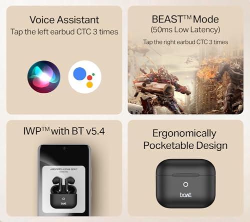 Image of Boat Airdopes Ace Gen 2 TWS Earbuds with 45H Battery, 4Mics ENx Tech, ASAP Charge, 13mm Drivers, 50 ms Low Latency, IPX5, Bluetooth Earbuds, TWS Ear Buds Wireless Earphones with mic (Shadow Black)