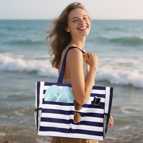 flintronic Große Strandtasche mit Reißverschluss, Streifen Wasserdicht Strandtasche, 43L Faltbare Leichte Badetasche Damen, Beach Tote Bag für Strand, Urlaub, Pool (Marineblau)
