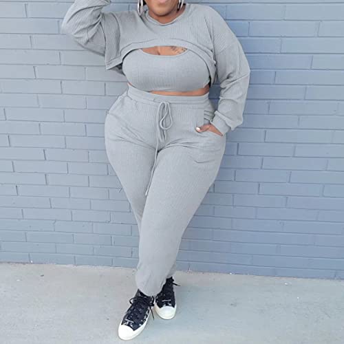 Iymoo Women Sexy Plus Size 3 Piece Outfits - Pullover Sweatshirt Crop Top Camisole Tank Top And Bodycon Long Pant Jumpsuit Romper Set Gray 4X #TOP2