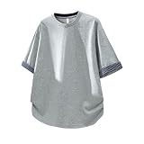 [Poperdision] Tシャツ メンズ 夏服 半袖 レイヤード 重ね着風 T シャツ 五分袖 チェック柄切り替え 大きい サイズ シンプル オシャレ ゆったり カジュアル メンズ レディース 夏用 通気性 gray-2XL