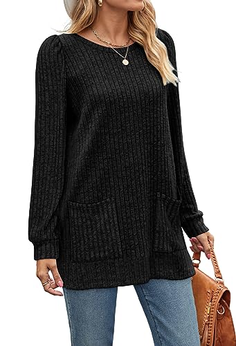 Image of OFEEFAN Long Sleeve Shirts for Women Long Sweaters with Pockets Tunic Tops Loose Fit