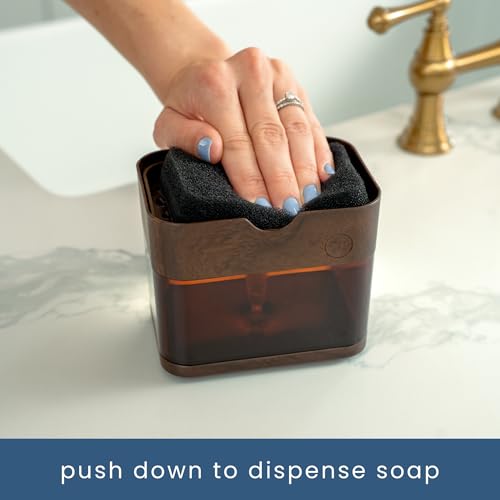 S&T INC. Dish Soap Dispenser and Sponge Holder for Kitchen Sink, Waterproof Labels and Sponge Included, 13 Ounces, Plastic, Walnut and Amber