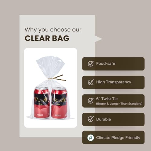 Image of Wowfit 50 CT 8x12 Inch Clear Flat Cellophane Treat Bags with 6 inch Gold Twist Ties, Cello Packaging for Mugs, Dessert, Muffins, Party Favors and Gift Wrapping