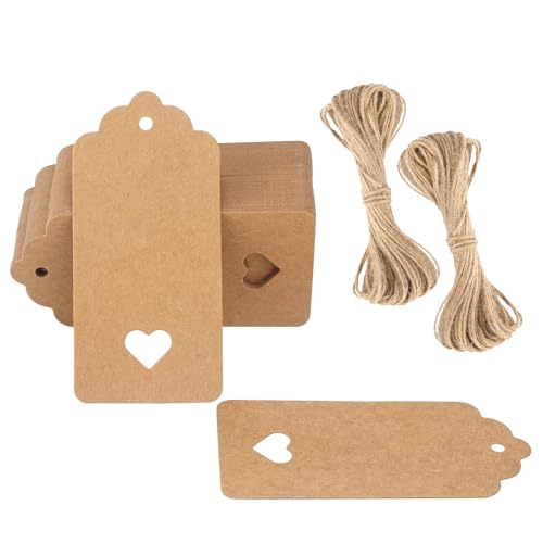 G2PLUS 100PCS Blank Gift Tags with String Kraft Paper Hangtags Hollow Heart Gift Tags Wedding Favors Tags for Valentines Thanksgiving Christmas