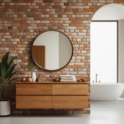 Image of Round Wall Mirror with Durable Wooden Frame - 24 inch (Brown) | Modern Decorative Wall Hanging Mirror for Bathroom, Bedroom, Basin, Dressing Table, Entryway & Home Interior Decor
