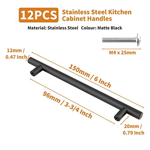 Cjueiom Matt Black Cupboard Handles, 96mm Hole Center T Bar Knobs, 12 Pack Stainless Steel Drawer Pulls - Image 3