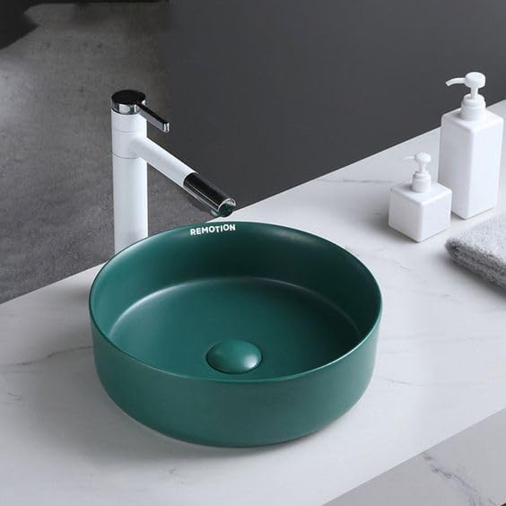 Image of REMOTION Round Countertop Wash Basin For Bathroom | Tabletop Ceramic Bathroom Sink | Wash Basin Over Counter | Wash Basin For Living Room, Resturent (12.5 x 12.5 x 5 Inch) (Matte Green)