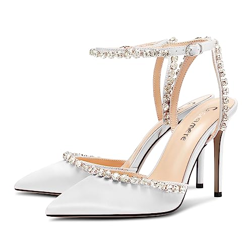 Castamere Womens Stiletto High Heel Pointed Toe Ankle Strap Rhinestone Crystal Pumps Prom Satin 3.9 Inches Heels4
