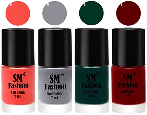 Image of Nail Polish Combo Set (Pack of 4) Quick Dry Gel Finish Nail Paint | Coral,Gray,Dark Green,Dark Red | 7 ml Each