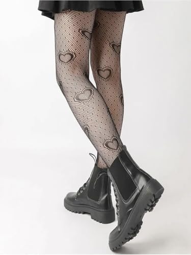 Black Fishnet Tights for Women – Sexy High Waist Heart Patterned Pantyhose | Gothic Mesh Stockings for Cosplay, Clubwear, Parties, Festivals, Plus Size & One Size Options Available4