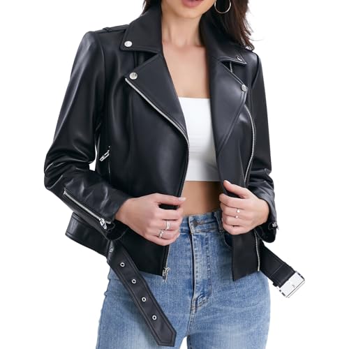Lambskin Leather Jacket Women,Motorcycle Jacket,Classic Asymmetrical Zip Style,Buckle Belts,Multiple Pockets2