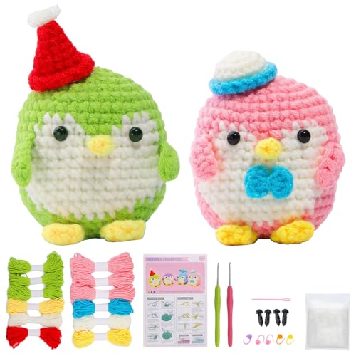 YSTJKD Häkelset Häkeln für Anfänger Häkelset 2 Stück Pinguin Häkeln Tier Kit DIY-Strickzubehör Stricken für AnfäNger Set Geschenk zum Geburtstag mit Video Anleitung Häkelnadel Garnbälle