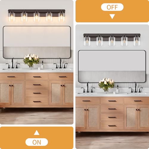 BrkNit Modern Bathroom Light Fixtures Over Mirror, Vanity Lights for Bathroom Wall Sconces with Clear Glass Shades, E26 Socket (Bulbs Not Included), 5 Light, Oil Rubbed Bronze by BrkNit - Used condition - Image 7