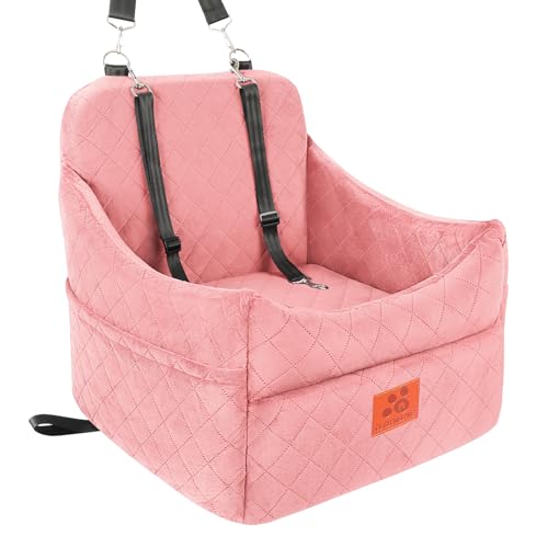 Dog Car Seat for Small/Medium Dogs, Dog Booster Car Seats with Thick Cushion for Dogs Under 35lbs, Detachable Washable Pet Bed with Storage Pockets, 2 Safety Belts (Pink)