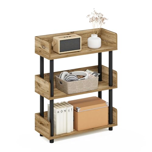 Image of Furinno TURN-N-TUBE 3-Tier Display Shelf, Storage Shelves, Book Shelf, Open Shelves with Rounded Corner Top Edges, for Organization and Storage, Living Room, Home Office, Flagstaff Oak