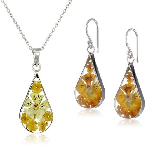 Sterling Silver Orange Pressed Flower Teardrop Earrings and Pendant Set