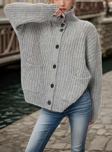 chouyatou Women's Button Down Cardigan Sweater Fall Oversized Turtleneck Ribbed Knit Cardigan Coat with Pockets2
