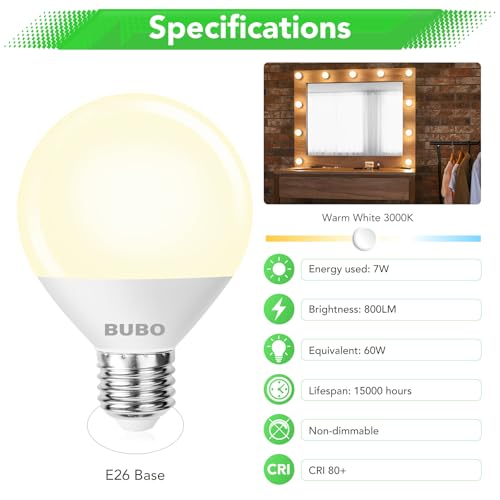 Image of BUBO Vanity Light Bulbs 60 Watt Equivalent, Globe Light Bulb Warm White 3000K, G25 Round Light Bulbs for Bathroom 800 Lumens, E26 Medium Base, 7W, Non-Dimmable, 6 Pack