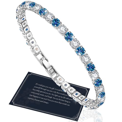 Blue Bracelets Silver Plated Tennis Bracelet, Womens - 4MM Crystals, Adjustable 18.5CM
