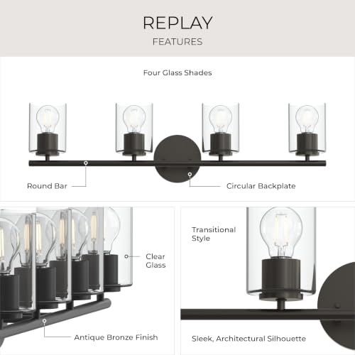 Image of Progress Lighting Replay 31.125 Inch 4-Light Vanity Light, Transitional, Antique Bronze with Clear Glass Shades, (7.875 inch H x 31.125 inch W x 6 inch D), P300584-020