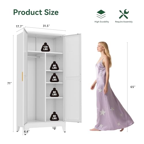 Image of Metal Combination Cabinet, Utility Closet Storage Cabinet with 4 Shelves, Farmhouse Pantry Closet with Doors, 71 inch Tall Storage Cabinets with Hanging Rod and Shelf for Laundry Mudroom Office Bedroom
