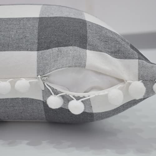 Buffalo Check Pillow Cases Plaid Decorative Gingham Throw Pillow Covers With Pom-Poms Cotton Retro Farmhouse Cushion Case For Sofa Couch Car Square Pillowcase 12 X 12 Inch 2 Pcs Grey White #TOP3