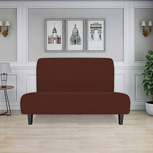 Image of Easy-Going Stretch Medium Futon Slipcover Armless Futon Cover Coffee | Sofa Bed Furniture Protector Without Armrests with Elastic Bottom for Kids, Soft Jacquard Machine Washable