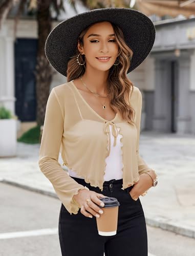 Image of Avidlove Womens Sheer Shrug Tie Front Long Bell Sleeve Mesh Bolero Lightweight Summer Casual Short Shawl Top