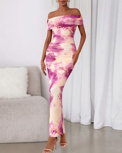 Image of BTFBM Cocktail Dresses for Women 2026 Elegant Classy Off Shoulder Bodycon Mesh Slit Floral Maxi Spring Summer Dress