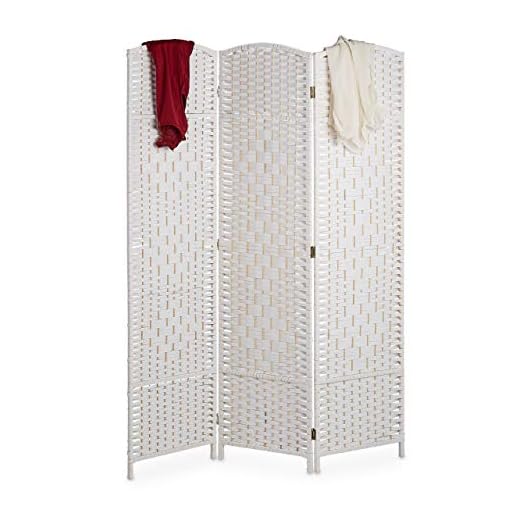 Relaxdays Paravent Raumteiler, HxB: 170 x 120 cm, Faltbarer Raumtrenner, 3-teiliger Sichtschutz, Holz & Papierseil, weiß