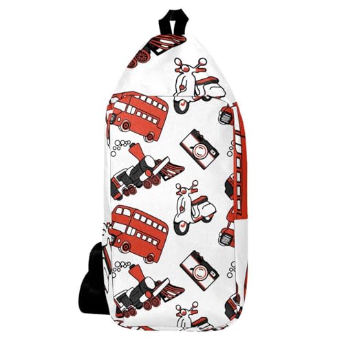 Sac à dos à bandoulière rouge avec bus londonien imprimé pour voyage et randonnée 16x36.5cm