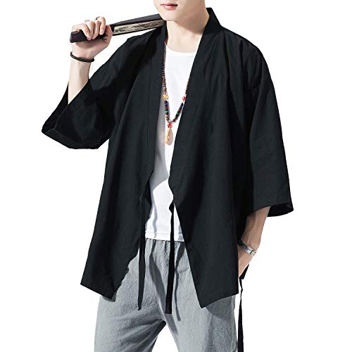 Image of PRIJOUHE Men's Kimono Jackets Cardigan Lightweight Casual Cotton Blends Linen Seven Sleeves Open Front Coat Outwear