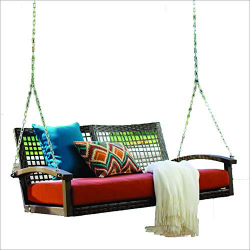 Image of Carry Bird Rattan Wicker Resin Two Seater Sofa Swing For Adults | Garden & Outdoor Hammock Double Swing With Cushions For Kids | Porch Swing Hanging Chair With Cushion & Iron Chains | Jhula | 2 Seater Sofa Swing | All Weather /Balcony /Patio /Indoor /Backyard /Porch /Yard /Outdoor Furniture | Dark Brown Swing-Rust Cushion