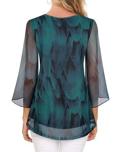 Flikity Women's Blouses & Shirts, Womens Chiffon Tops Floaty 3/4 Sleeves Ladies Tunic Going Out Party Casual V Neck Pleats Work Office Wear M Peacock Blue - Image 2
