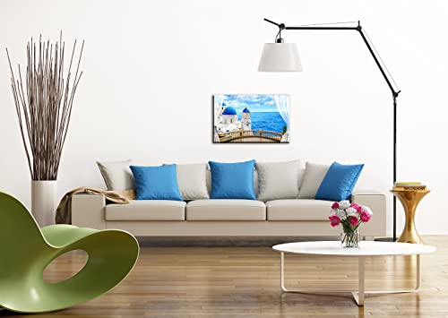 European Mediterranean Wall Decor Window Wall Art Santorini Churches Sea In Greece Canvas Oil Painting Framed Blue Home Decoration For Living Room (Waterproof, Ready To Hang) #TOP2