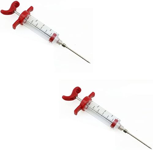 Magik Paquete de 1-2 jeringas de inyección de adobo de alimentos de plástico, aguja de carne atornillada, barbacoa (rojo, paquete de 2)