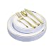 125 Pieces Premium Quality Heavyweight Tableware/Elegant Plastic Disposable dinnerware: 25 Dinner Plates, 25 Salad or Dessert Plates & 25 Polished Gold Forks Knives & Spoons - Bonus 25 Dessert Forks