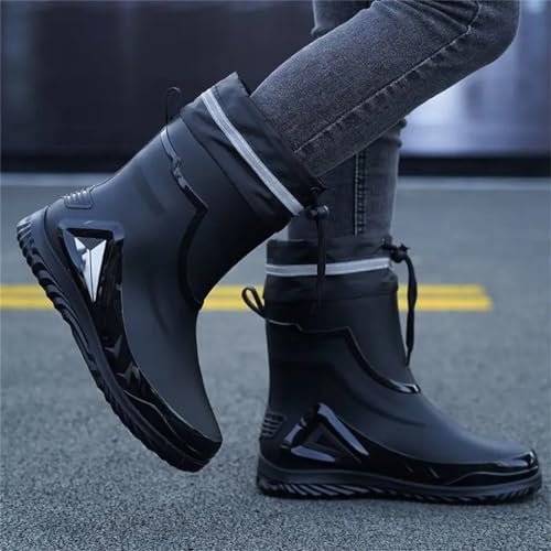 Wjnvfioo Men's Waterproof Drawstring Rain Boots Non-Slip Flat Fashion Rider Rain Boots4