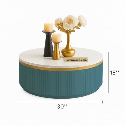 Image of Modern Round Centre Table - 76x76x46 cm | White Marble Top with Gold Accent Strip & Charcoal Louvers | Luxury Coffee & Tea Table for Living Room, Lounge & Entryway (Sea Blue)