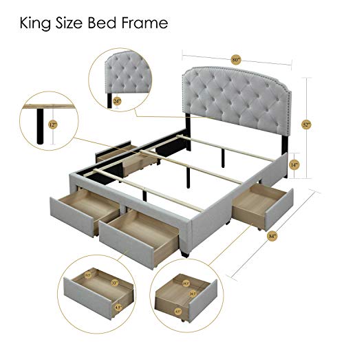 Dg Casa Argo Upholstered Panel Bed Frame With Storage Drawers And Diamond Button Tufted Nailhead Trim Headboard, King Size In Platinum Fabric #TOP4