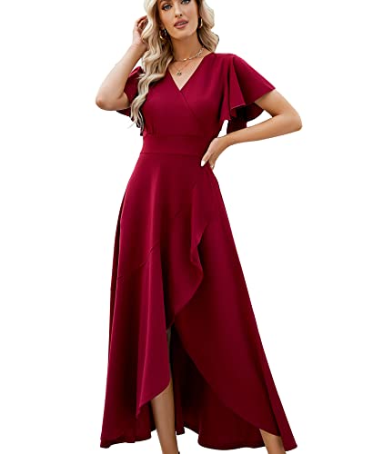 Image of Long Black Formal Dresses for Women Gowns Evening Party Cocktail Dress,Split Elegant V Neck Wrap Ruffle Wedding Guest Dresses