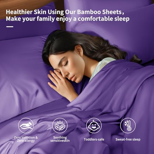 Image of Shilucheng 6 Piece King Sheet Sets, Cooling Sheets, Blend Rayon Derived from Bamboo, Deep Pocket Up to 16 inch, Breathable & Soft Bed Sheets, Hotel Silky Bedding Set, Purple