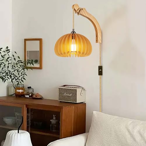Image of Wood Lantern Plug in Wall Sconces, Wicker Brackets Wall Lamp with Plug in Cord Hand Woven Rattan Bedside Reading Light, Wooden Globe Pumpkin Shade Hemp Rope Hanging Lamp for Living Room Bedroom
