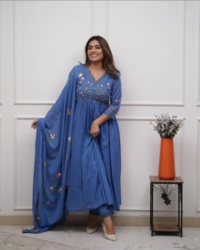 Image of KANCHAN TRADERS Women's Cotton Round Neck 3 /4 Sleeve Chikankari Embroidered Printed Kurta Palazzo with Dupatta Set