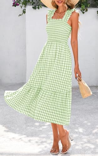 Image of PRETTYGARDEN Women's Summer Dress Casual Ruffle Strap Gingham Midi Sundress