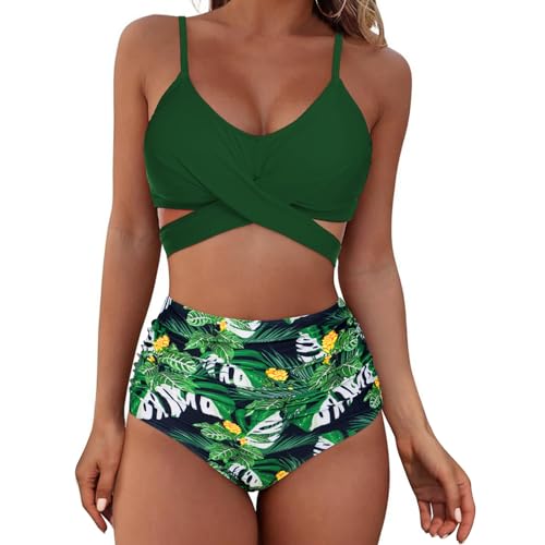 Image of American Trends Women's Two Piece Swimsuits Athletic High Waisted Bathing Suits Halter Sporty Swimming Swimwear for Women Green Print L