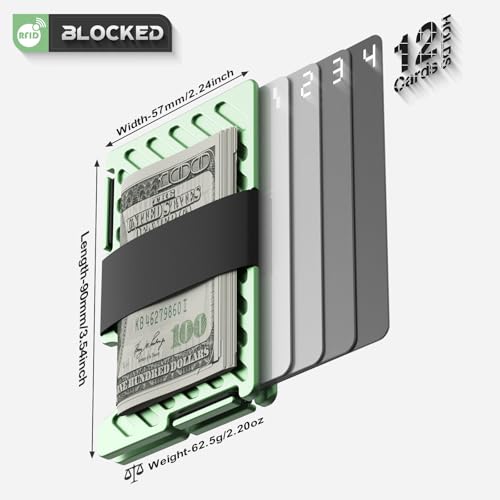 Image of Womens Wallet, Minimalist Card Holder with Cash Strap, Slim RFID Blocking Metal Front Pocket Wallet, Green, LK-05